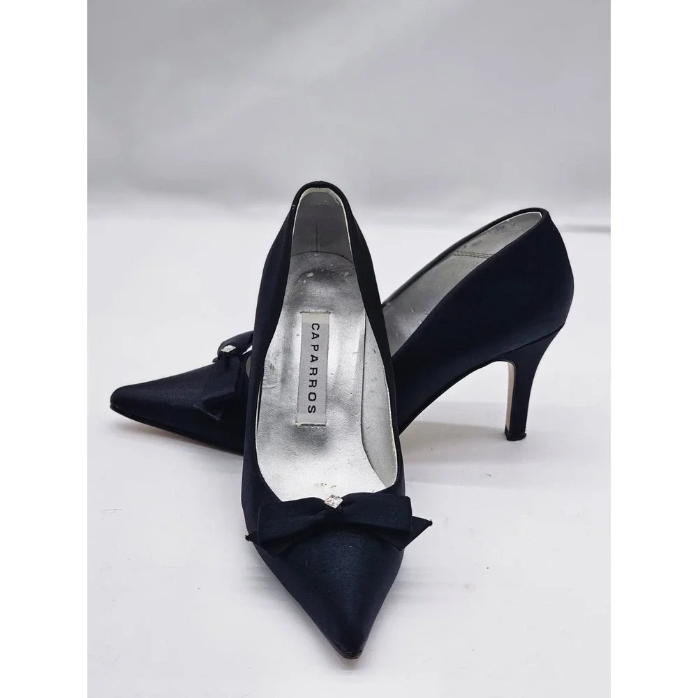 Caparros Pumps Women 5.5 Black Good Satin Bow Rhinestone Pointed Toe Stiletto